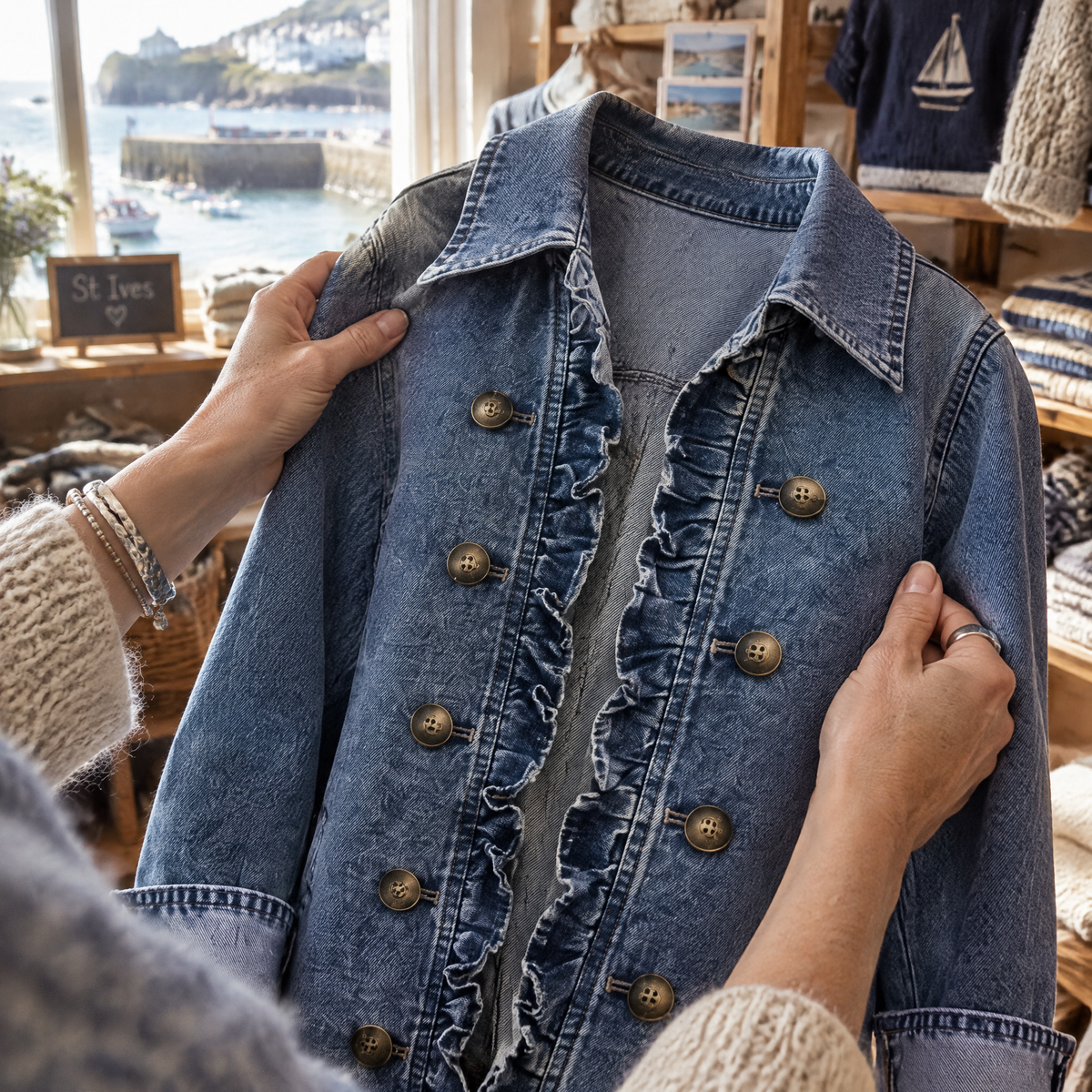 Examining knit fabric quality by the harbour window