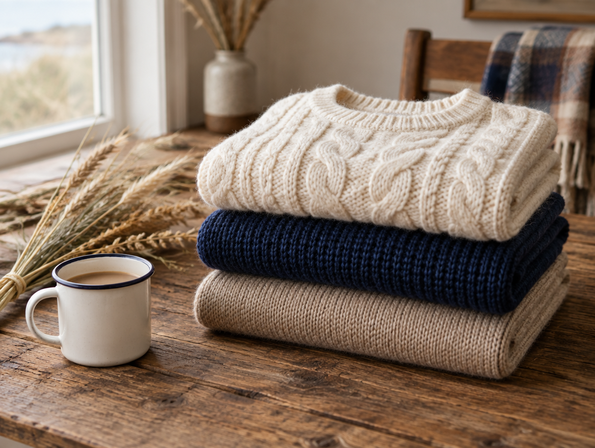 Folded knitwear flatlay - The Coastal Thread