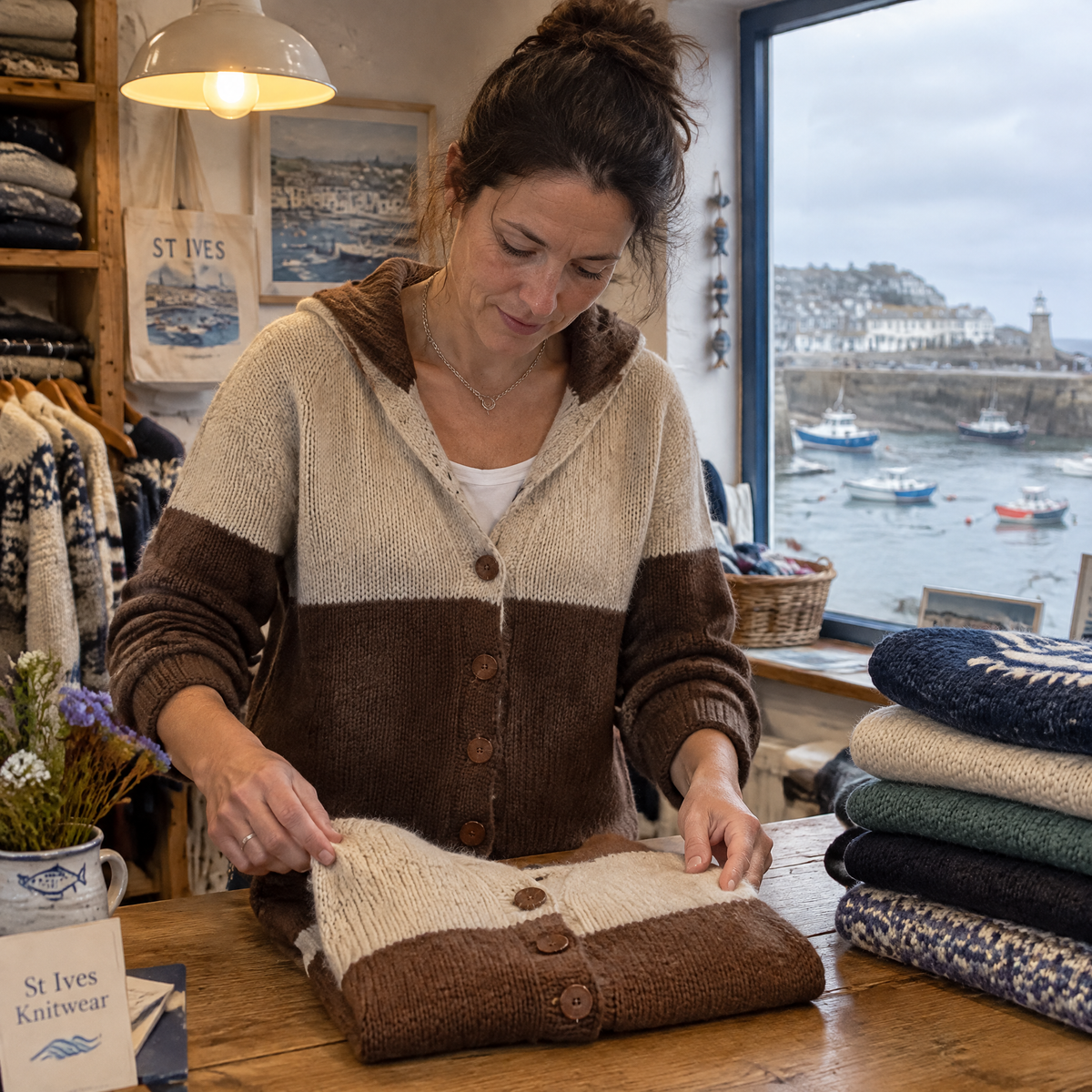 The shop owner folding knitwear in the St Ives shop